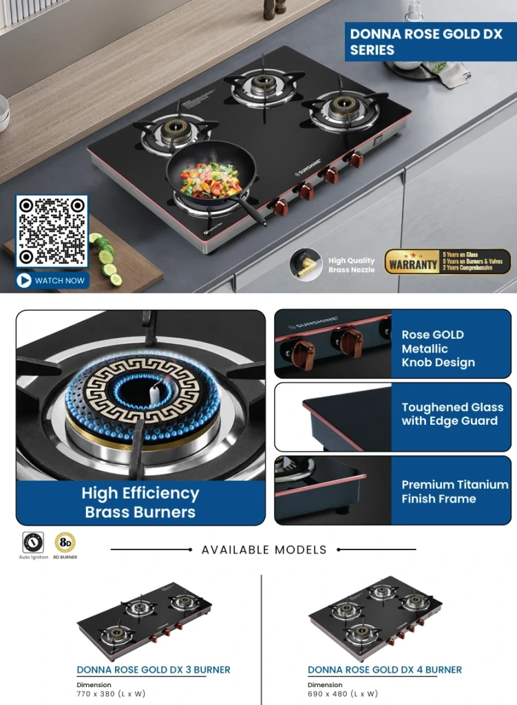 Sunshine Donna Rose Gold 3 Burner Auto-Ignition Gas Stove